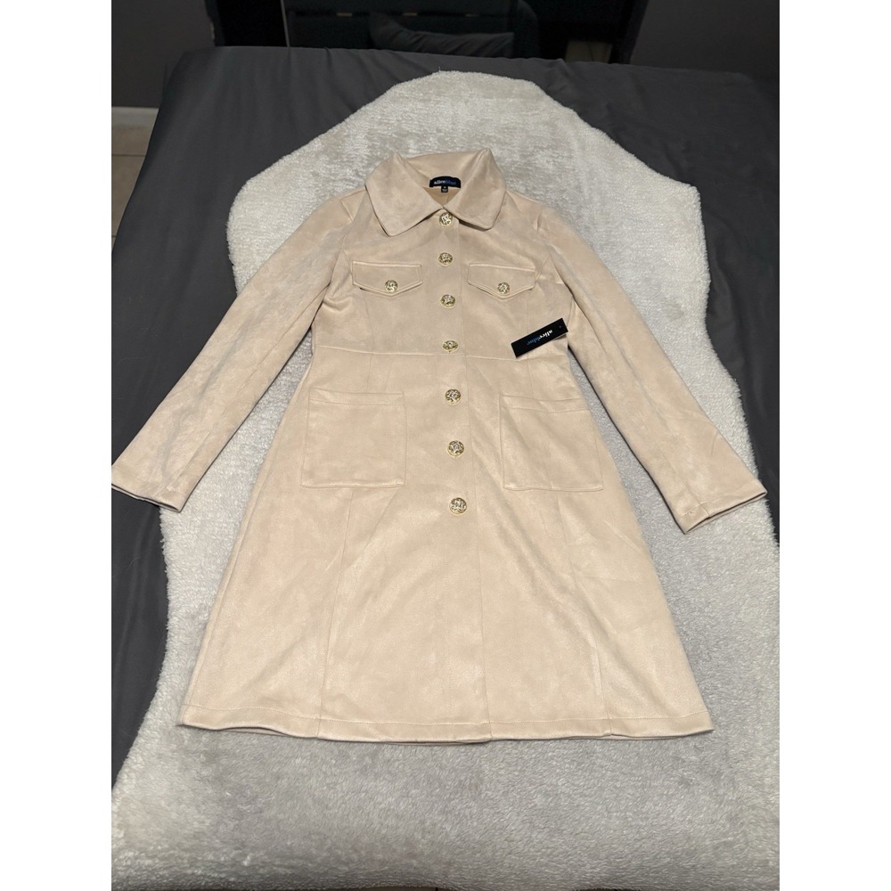 Alice Blue Beige Faux Suede Coat Dress Gold Buttons Medium Retro Mod J43051